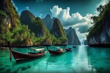 Boats on Turquoise Water with Limestone Mountains in the Backgroun
