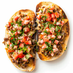 two pieces of bread with toppings on a white surface