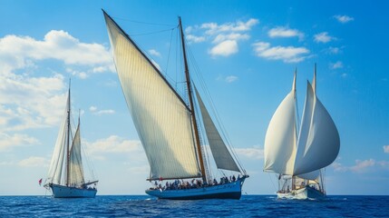 Obraz premium Sailing Rendezvous: A Series of Yachts and Ships in a Competitive Regatta on the Open Seas