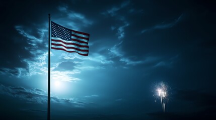American Flag Waving in the Wind with Fireworks Display.