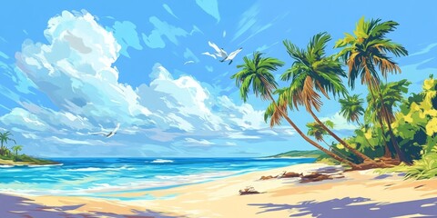 Fototapeta premium Tropical Island Bliss: A Lively and Serene Beach Illustration with Palm Trees Sway to the Ocean's Melody
