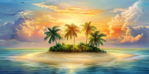 Obraz premium Tropical Island Bliss: A Lively and Serene Beach Illustration with Palm Trees Sway to the Ocean's Melody