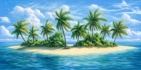 Fototapeta premium Tropical Island Bliss: A Lively and Serene Beach Illustration with Palm Trees Sway to the Ocean's Melody