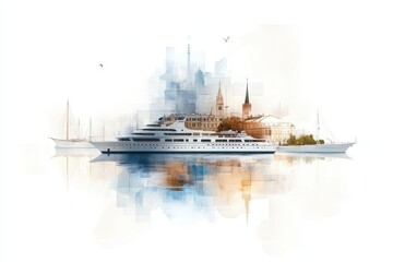 Fototapeta premium Serene River Cruise Vector Collage with Hand-Drawn Nautical Elements and Scanned Textures