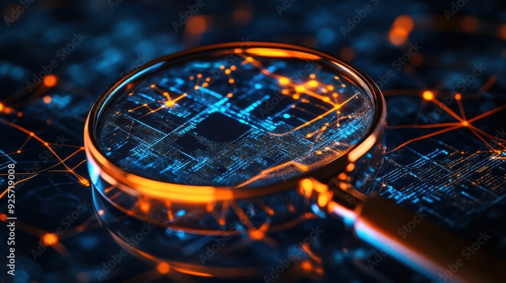 Poster digital network exploration: 3d magnifying glass revealing hidden data for precise search engine res