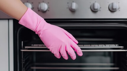 A hand in a pink glove diligently scrubs an oven clean, ideal for hygienefocused content or cleaning product advertisements