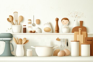 Homely Vector Collage of Scanned Family Recipes, Hand-Drawn Kitchen Scenes, and Auto-Traced Cooking Tools for Family Cooking Time Concept in Warm Hues