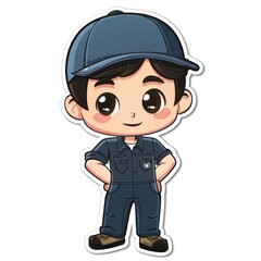 A cute cartoon character in a blue uniform and cap, smiling with hands on hips.