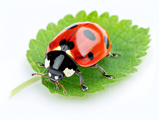 ladybug on green leave isolated on white background