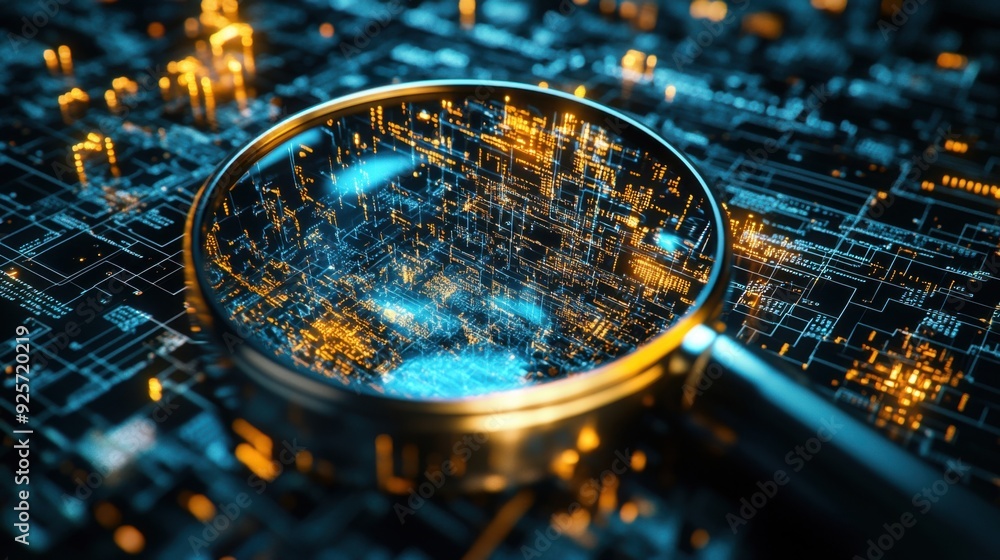 Poster digital network exploration - 3d magnifying glass searching engine details