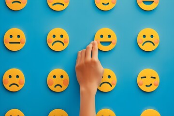 Naklejka premium Hand touching happy face symbol on blue background with other smiley faces and frowns for customer service experience.