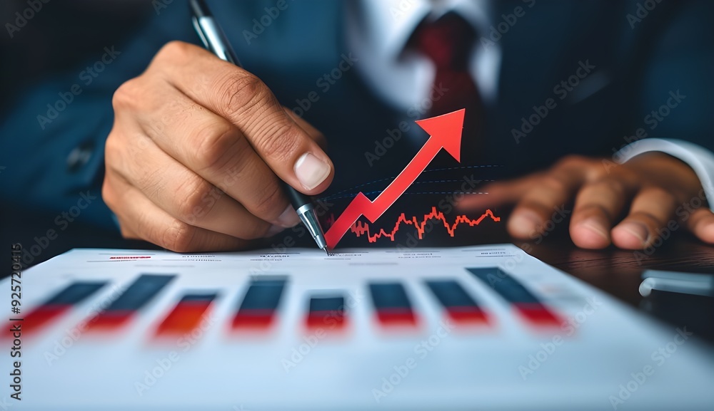 Poster businessman drawing a red arrow pointing down on a graph showing a downward trend.