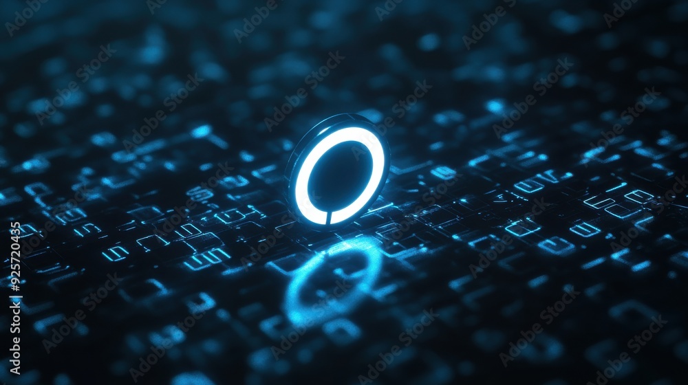 Poster illuminated 3d search engine icon in dark digital environment - symbol of information retrieval