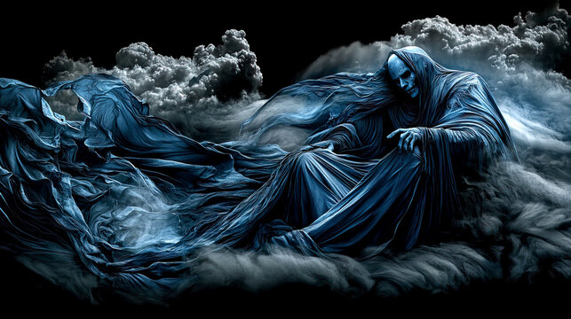 Haunting spectral horror of the figure of death waiting to claim your soul, sinister dark clouds envelope a supernatural skeletal phantom, nightmare wraith