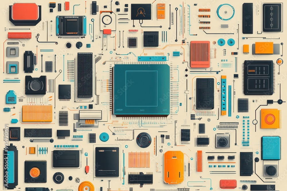 Poster digital fusion - vector collage of auto-traced circuit boards and hand-drawn tech devices in futuris