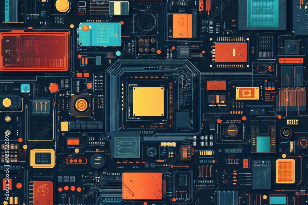 Poster digital fusion - vector collage of auto-traced circuit boards and hand-drawn tech devices in futuris