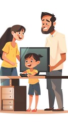 A family interacting around a computer, showcasing engagement and learning.