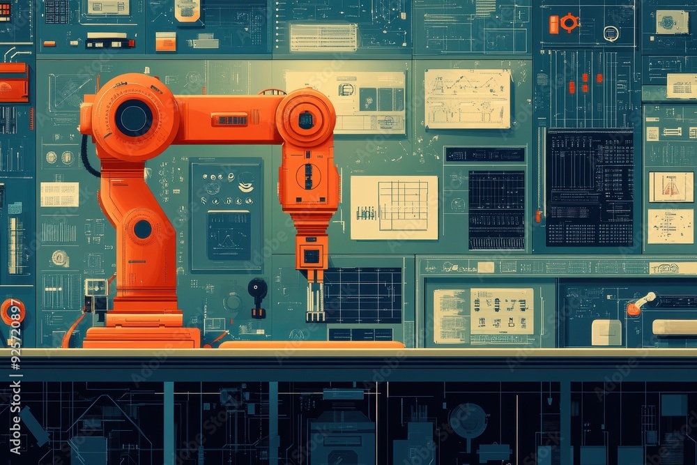 Poster technological fusion - vector collage of auto-traced robotics scenes with hand-drawn engineering ico