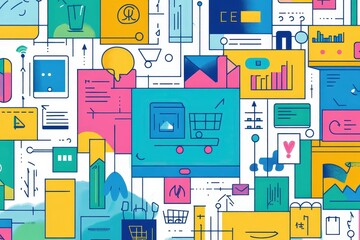 Fototapeta premium Digital Marketing Guides and Online Icons Vector Collage with E-Commerce Scenes in Dynamic Colors