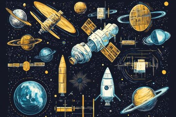 Cosmos Collage: Futuristic Space Technology with Hand-drawn Satellite Icons in Vector Artwork
