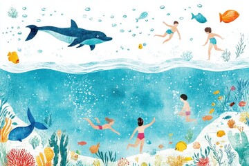 Vivid Hand-drawn Swimming Icons Collage with Auto-traced Aquatic Scenes and Refreshing Colors