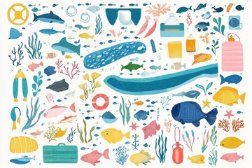 Oceanic Serenity: Hand-drawn Swimming Icons with Auto-Traced Aquatic Scenes in Refreshing Tones [Vector Collage]