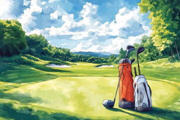 Tranquil Golf Course Vector Collage with Hand-Drawn Gear and Fresh Colors for a Relaxing Outdoor Experience