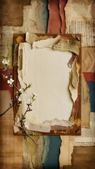 Vintage Scrapbook Torn Paper, decorated with retro flower and ripped newspaper in background, in Old and antique style