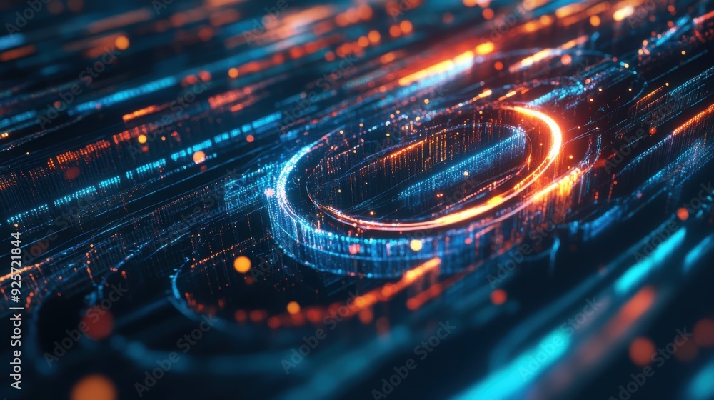 Poster futuristic 3d search engine logo with data streams - concept of information flow