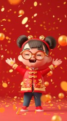 A cheerful cartoon child in festive attire celebrating with confetti.