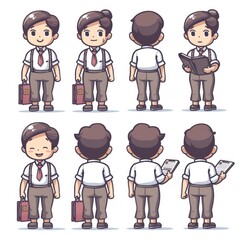 A cartoon character in various poses, showcasing different expressions and activities.
