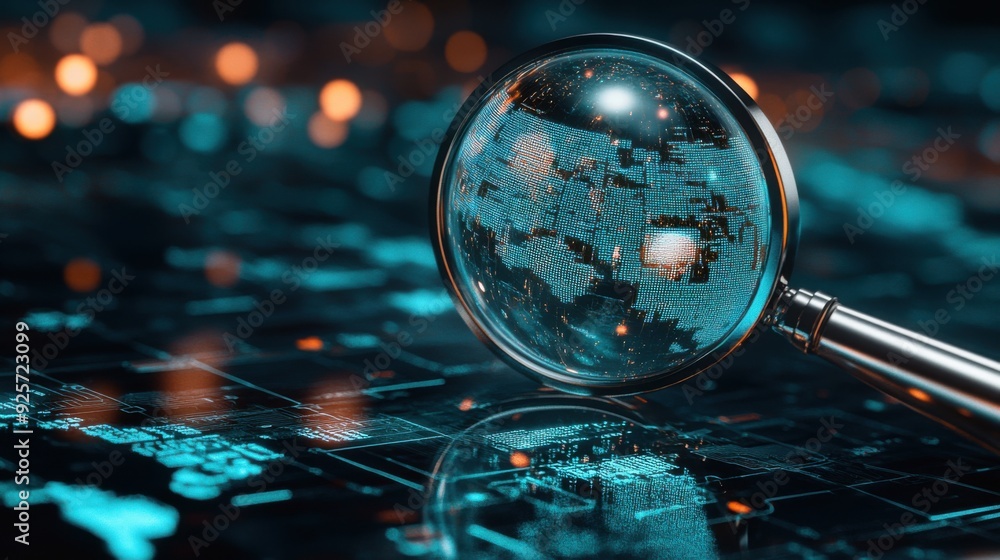 Aufkleber global search precision - 3d magnifying glass zooming on holographic globe with data clusters