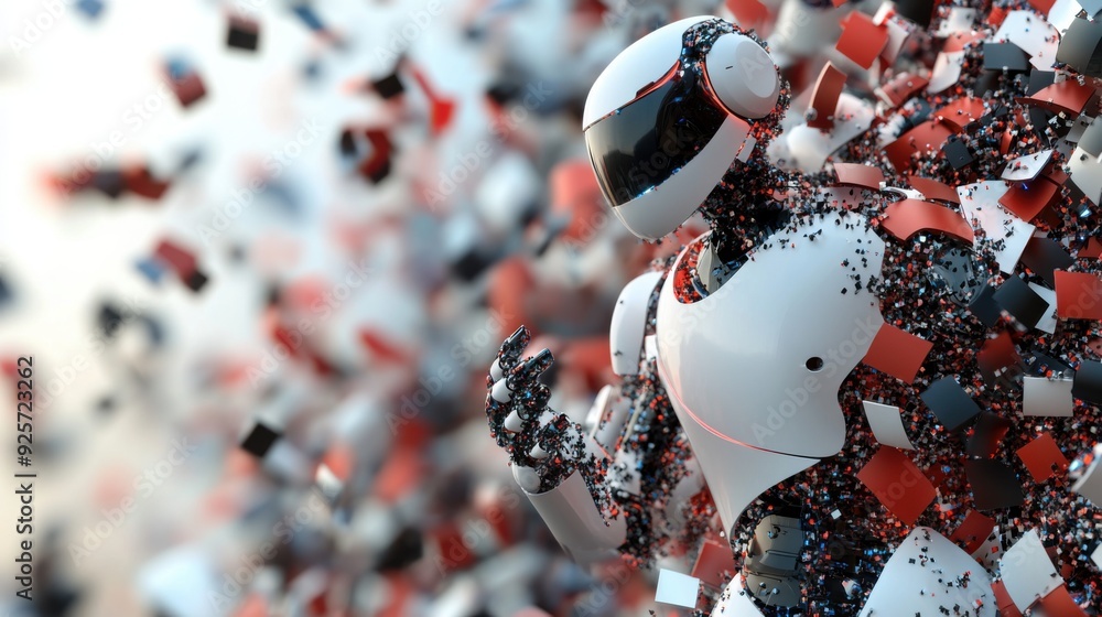Poster futuristic 3d search engine robot creating digital mosaic of search results for information gatherin