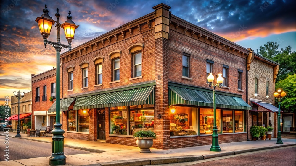 Wall mural Rustic small town grocery store with vintage signage and worn brick facade, surrounded by quaint residential streets and old-fashioned street lamps.