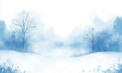 Serene Winter Landscape in Watercolor Style with Vast White Space, Ideal for Design Material. Minimalistic depiction of nature’s beauty in cold season, 