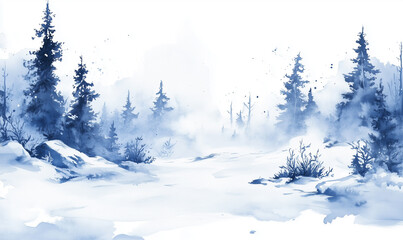 Serene Winter Landscape in Watercolor Style with Vast White Space, Ideal for Design Material. Minimalistic depiction of nature’s beauty in cold season, 