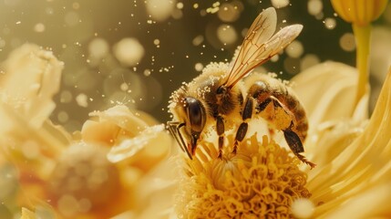 Marco bee pollinating and covered in beautiful flower pollen