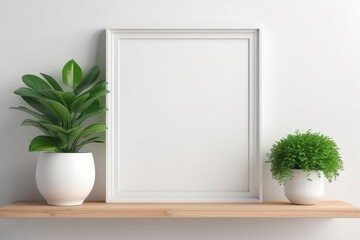 White Frame with Plants on Wooden Shelf Against a White Wall