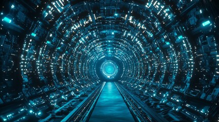 Cyberpunk Tunnel: A futuristic sci-fi tunnel with glowing blue lights, intricate details and a circular portal at the end.  The tunnel is a metaphor for the unknown, the future, and the potential for 