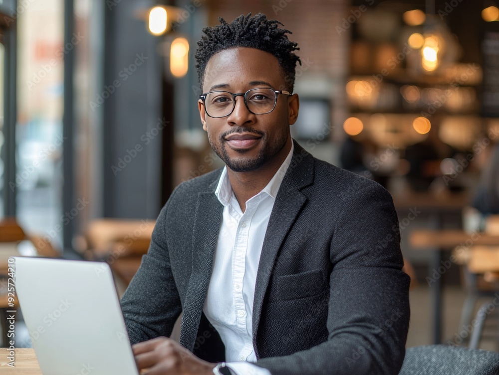 Wall mural award-winning photo of a handsome, black man on a generic, unbranded laptop, business casual dress