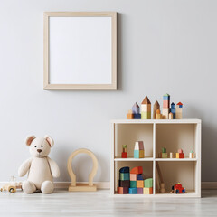 Cozy Baby Room Interior with Wooden Crib and Framed Mockup