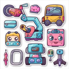 A collection of cute, cartoonish vehicles and tools in a colorful, playful style.