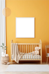 Minimalist Nursery Room with Wooden Furniture and Mockup Wall Frame