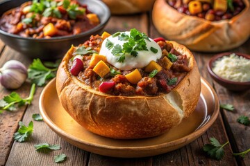 Savory and aromatic, a hearty turkey and chili recipe is ladled into a warm, crusty bread bowl, garnished with fresh cilantro and a dollop of sour cream.