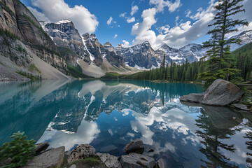 Serene morning at a tranquil lake surrounded by misty mountains captured in early autumn light, Wallpaper turquoise lake in summer mountains,
