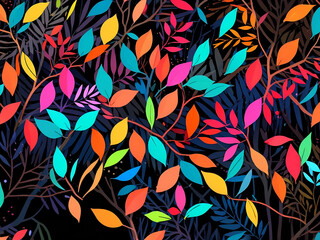 abstract neon Autumn hand drawn background. Colorful neon tree leaves on black