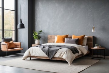 Modern bedroom interior with a wooden bed, gray walls, and orange pillows