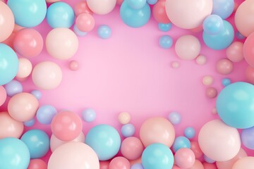 Colorful balloons frame on pastel pink background. 3d rendering.