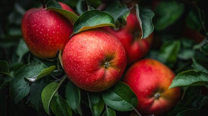 Red ripe apples on the branches of an apple tree in the garden