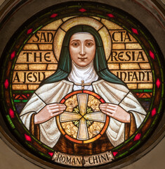 MILAN, ITALY - MARCH 4, 2024: The St. Therese of Lisieux on the stained glass in church Chiesa di...